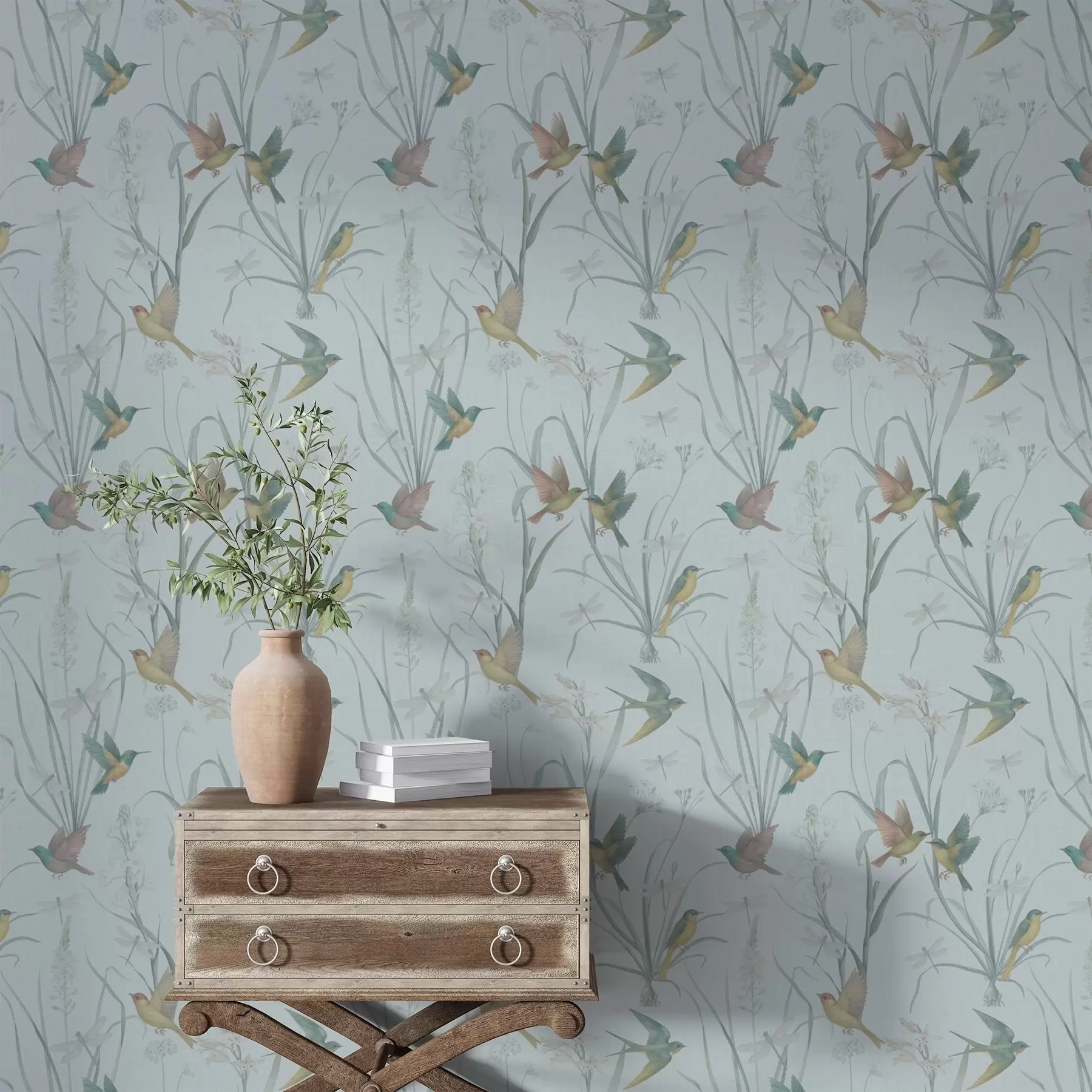 fototapet Păsări printre ierburile de pe pajiște, pe un fundal cenușiu-albastru a00776