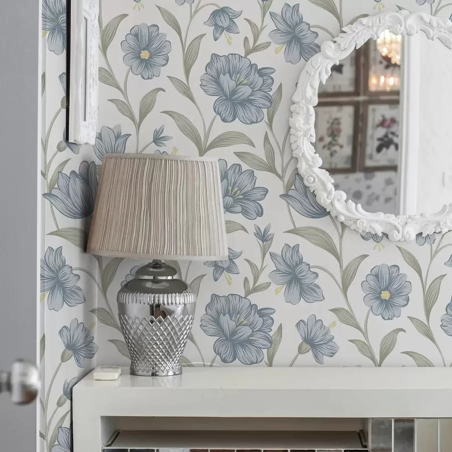 fototapet Flori albastre prăfuite cu frunze de măslin pe fond alb a00780