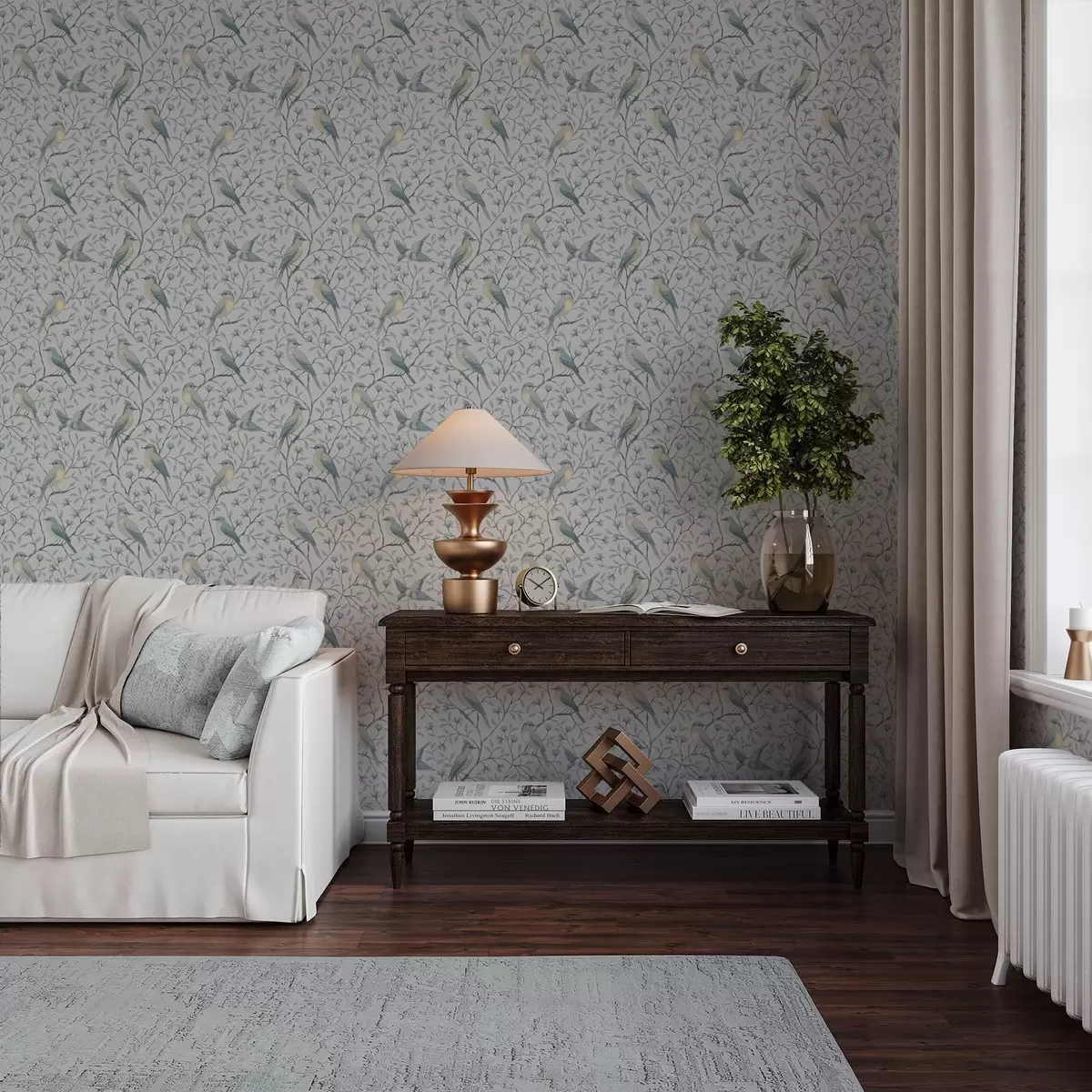 Wallpaper Păsări pe crengi, schemă de culori gri-albastru a00782