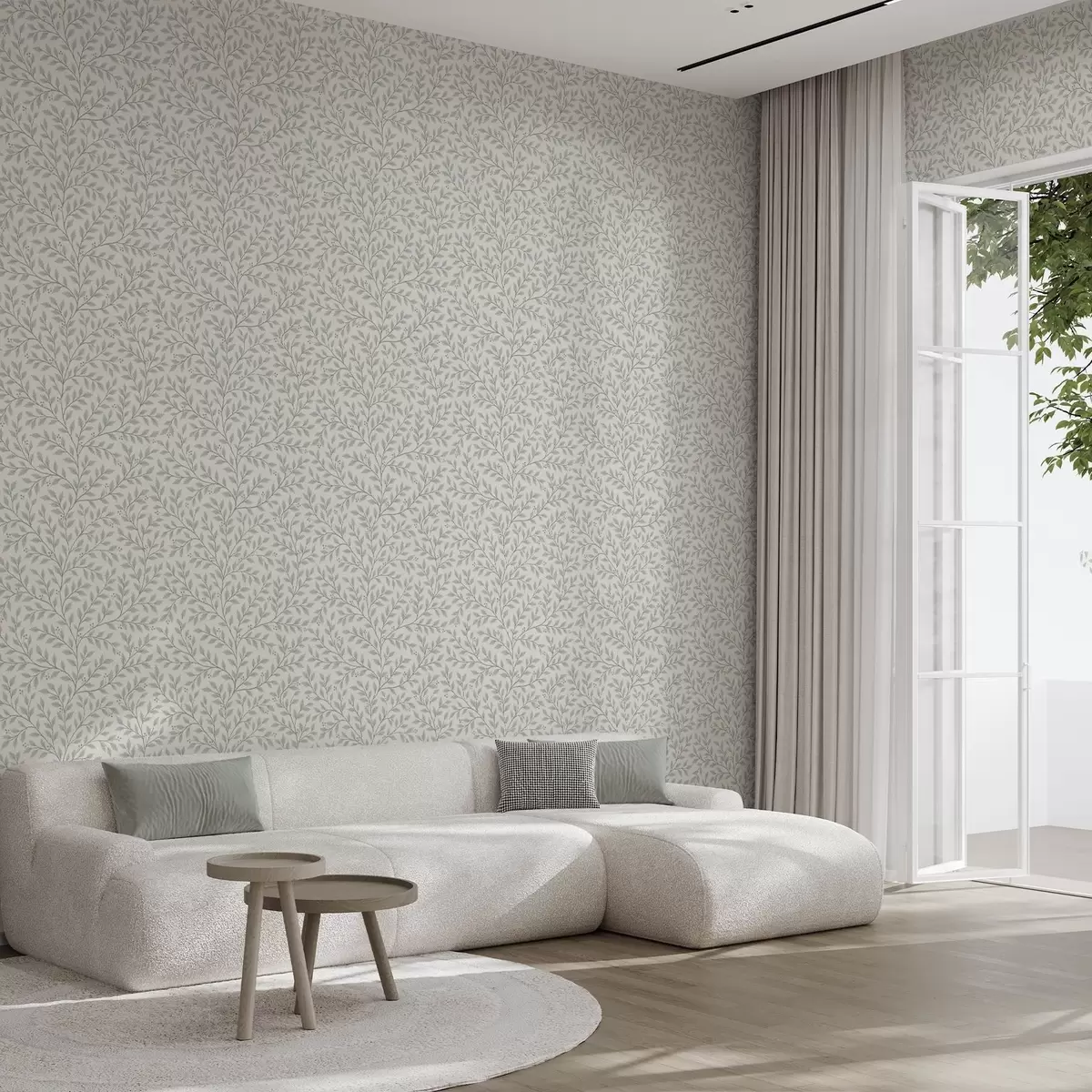 Wallpaper Ramuri cu frunze și fructe de pădure, crem deschis și salvie a00783