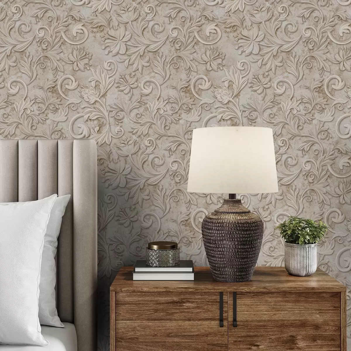 Wallpaper Relief din piatră cu volute florale, bej vintage a00784