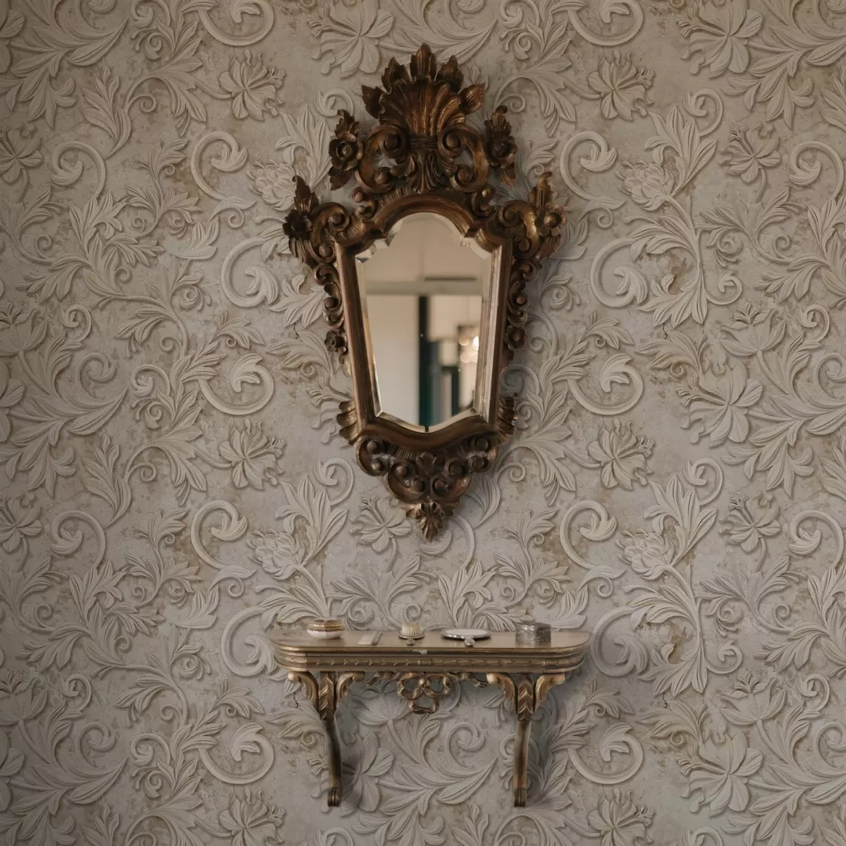 Wallpaper Relief din piatră cu volute florale, bej vintage a00784