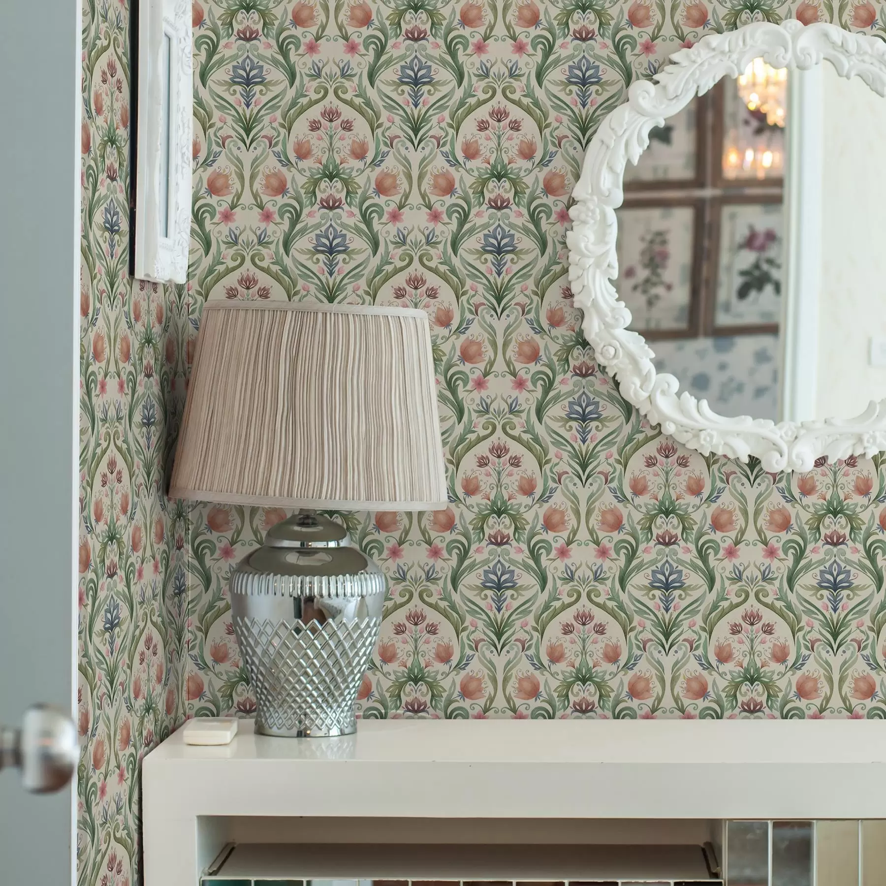 fototapet Ornament floral simetric, teracotă și verde a00827