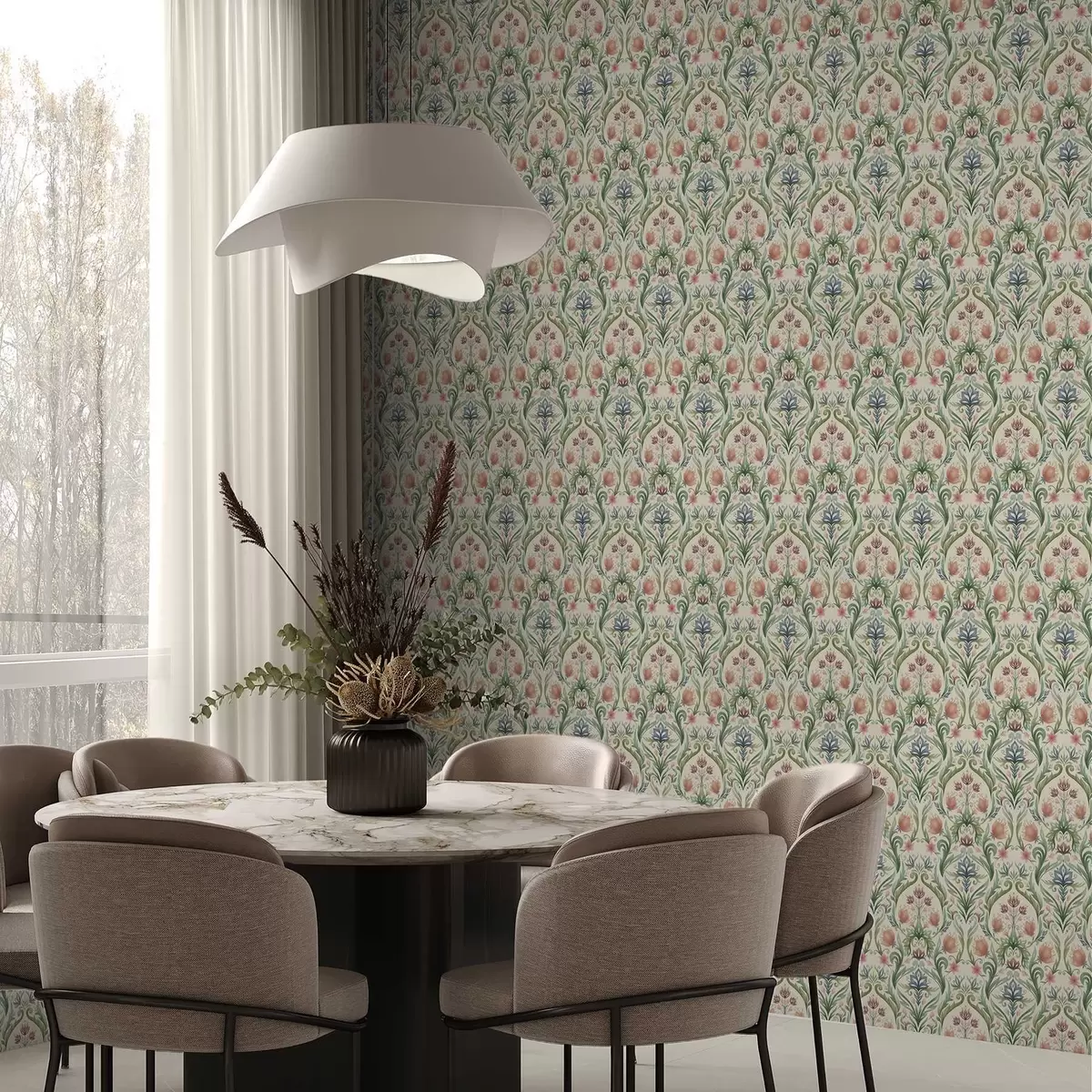 Wallpaper Ornament floral simetric, teracotă și verde a00827