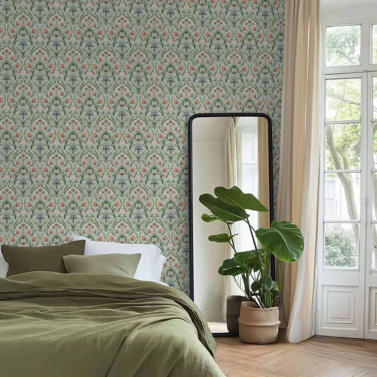 Wallpaper Ornament floral simetric, paletă de culori mentă-crem a00827v1