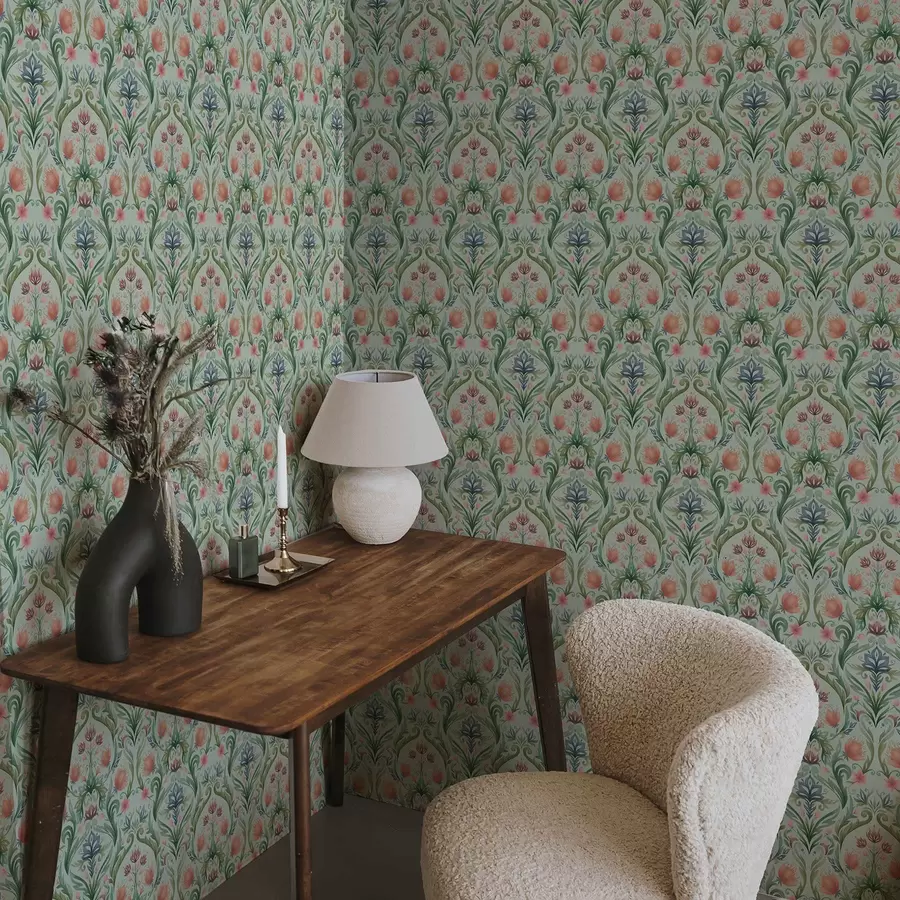 fototapet Ornament floral simetric, paletă de culori mentă-crem a00827v1