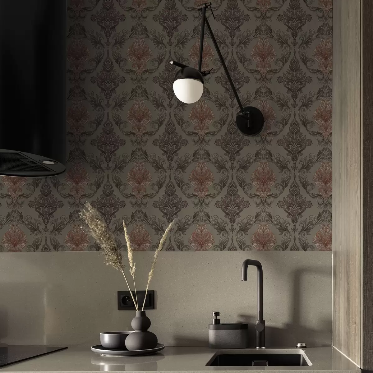 Wallpaper Damasc teracotă pe fond măslin discret a00828v3