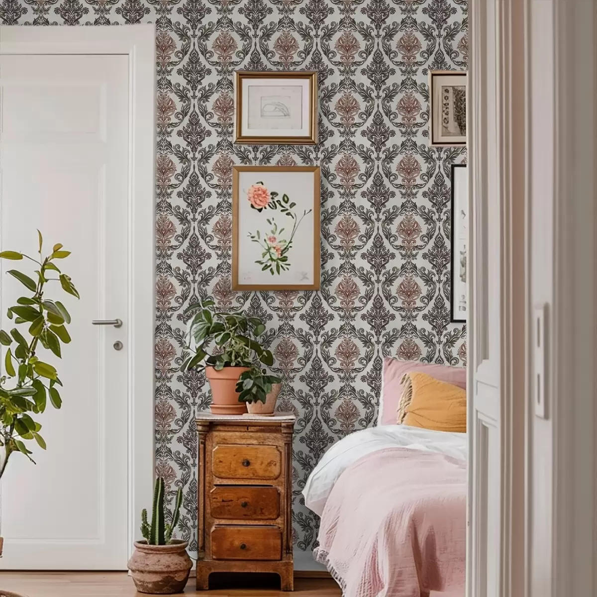 Wallpaper Damasc cu accente maro-cupru pe fond deschis a00828v4