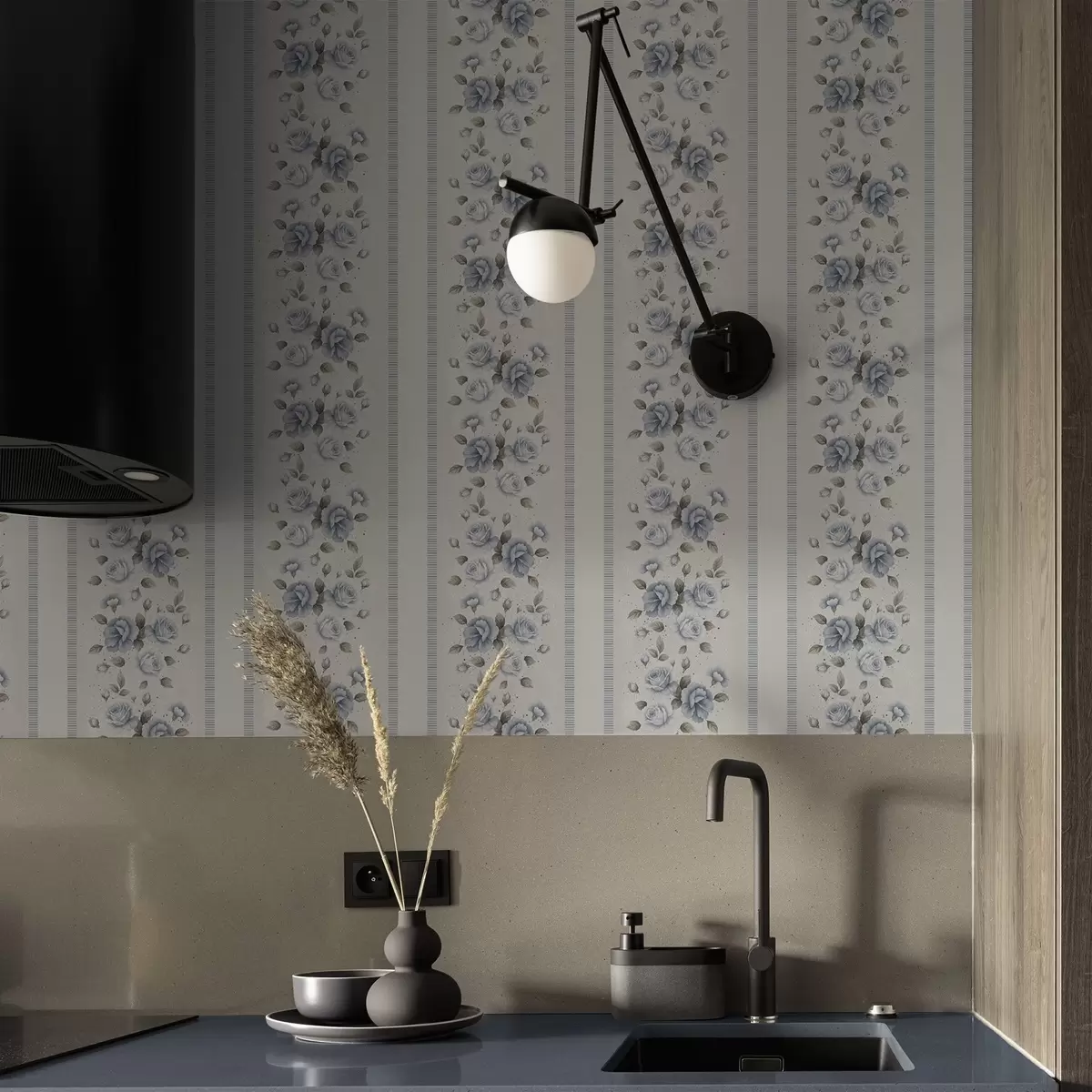 Wallpaper Trandafiri albaștri în benzi verticale pe un fundal deschis a00860