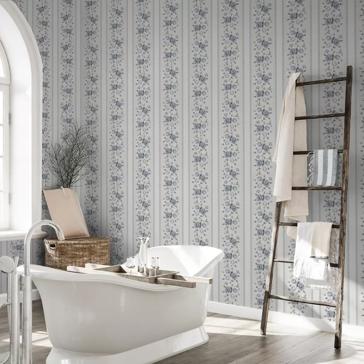 Wallpaper Trandafiri albaștri în benzi verticale pe un fundal deschis a00860