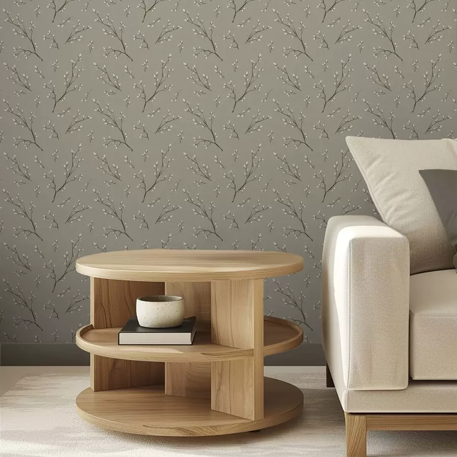 fototapet Crenguțe cu muguri albi pe fundal de culoare gri-bej a00861