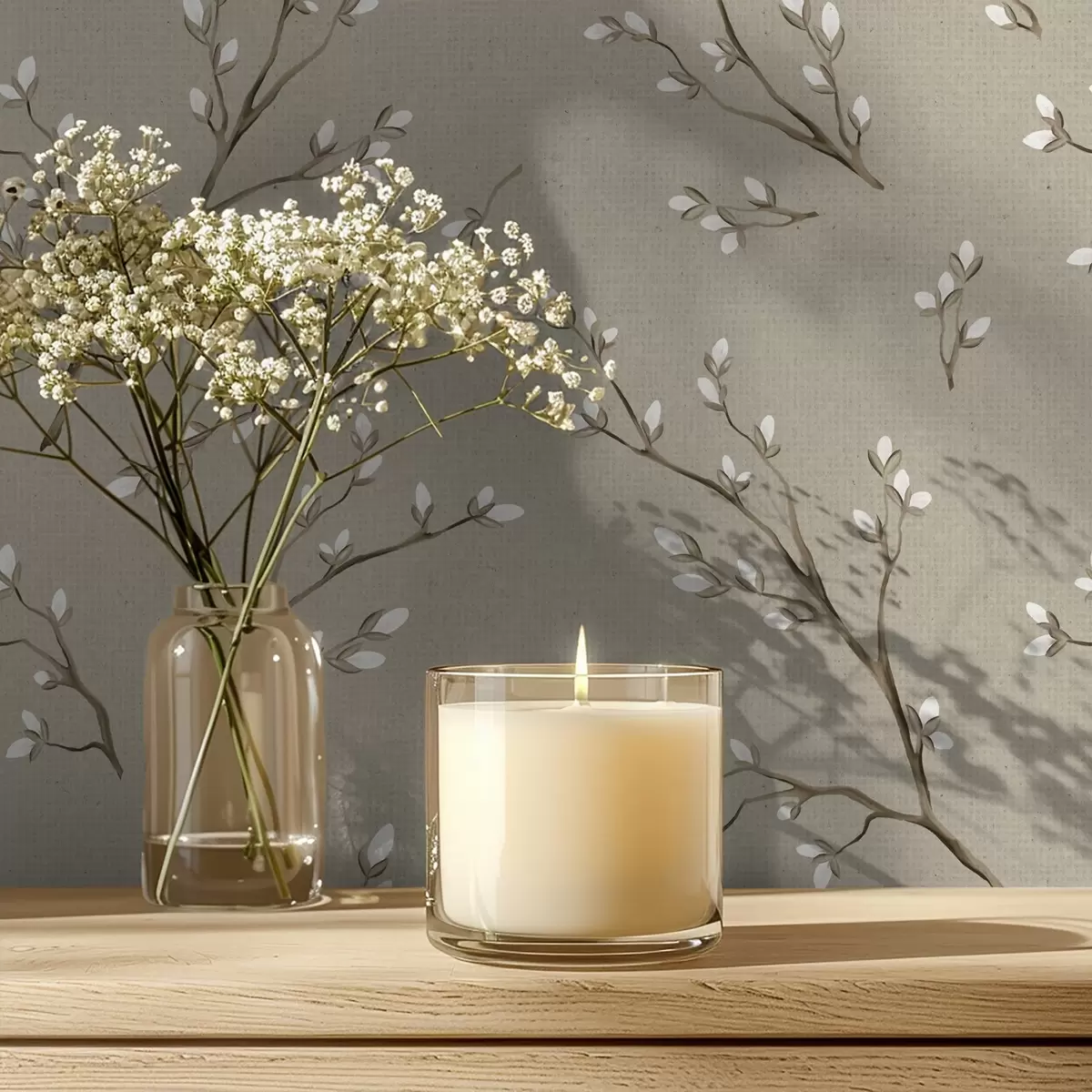 Wallpaper Crenguțe cu muguri albi pe fundal de culoare gri-bej a00861