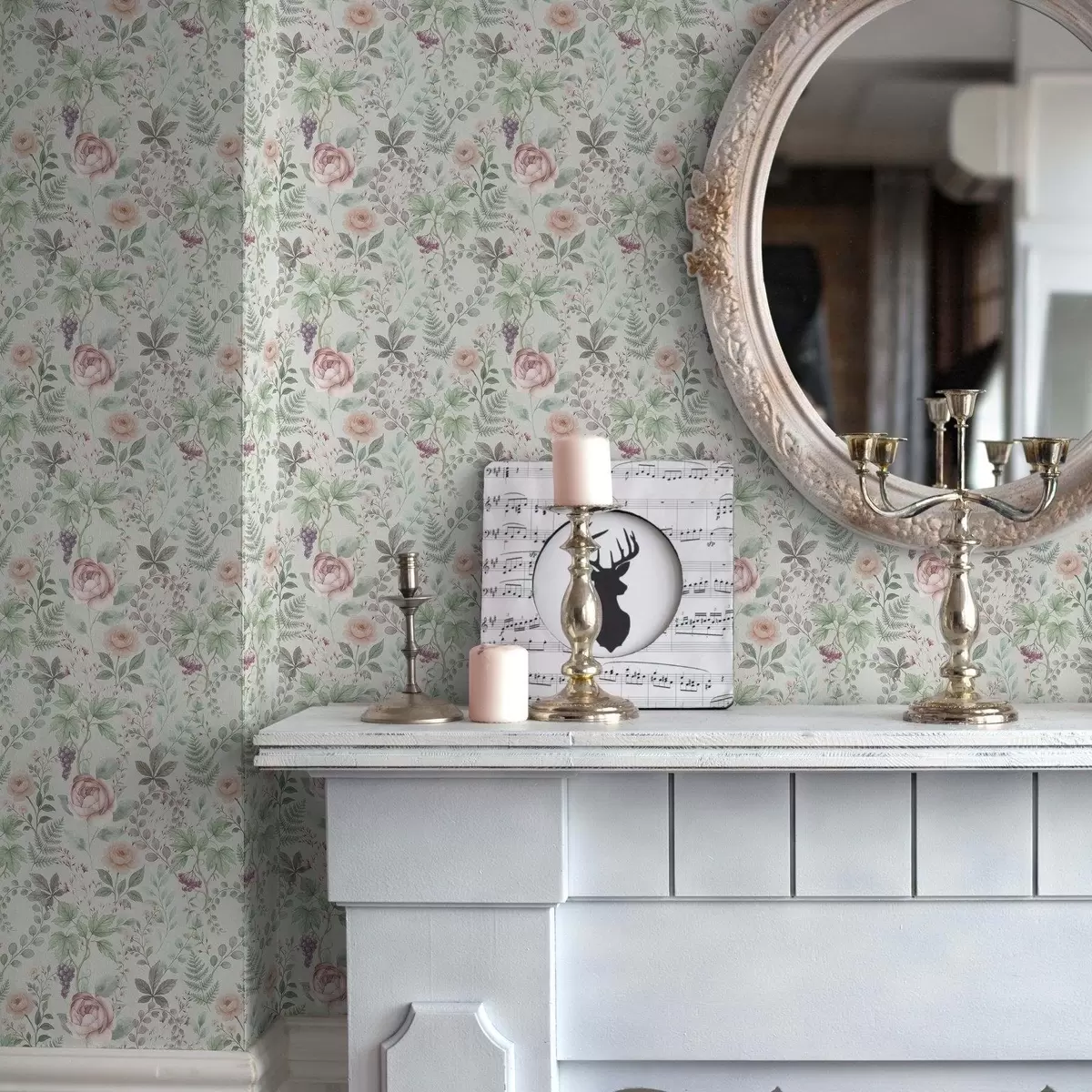 Wallpaper Grădină pastelată cu trandafiri, ferigi și struguri a00867