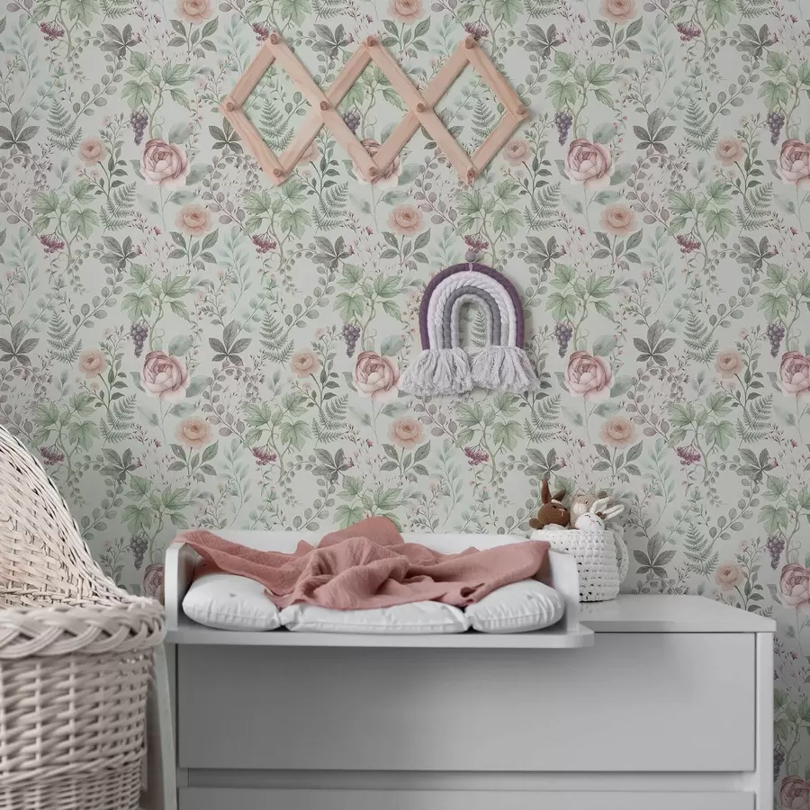 fototapet Grădină pastelată cu trandafiri, ferigi și struguri a00867