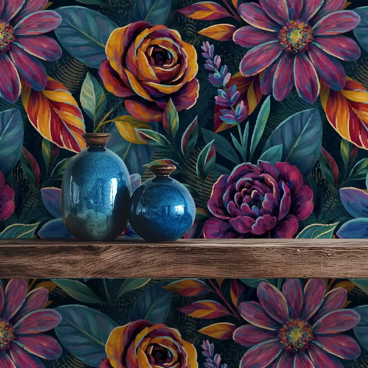 Wallpaper Flori vibrante în nuanțe de bijuterii pe fond albastru închis a00871