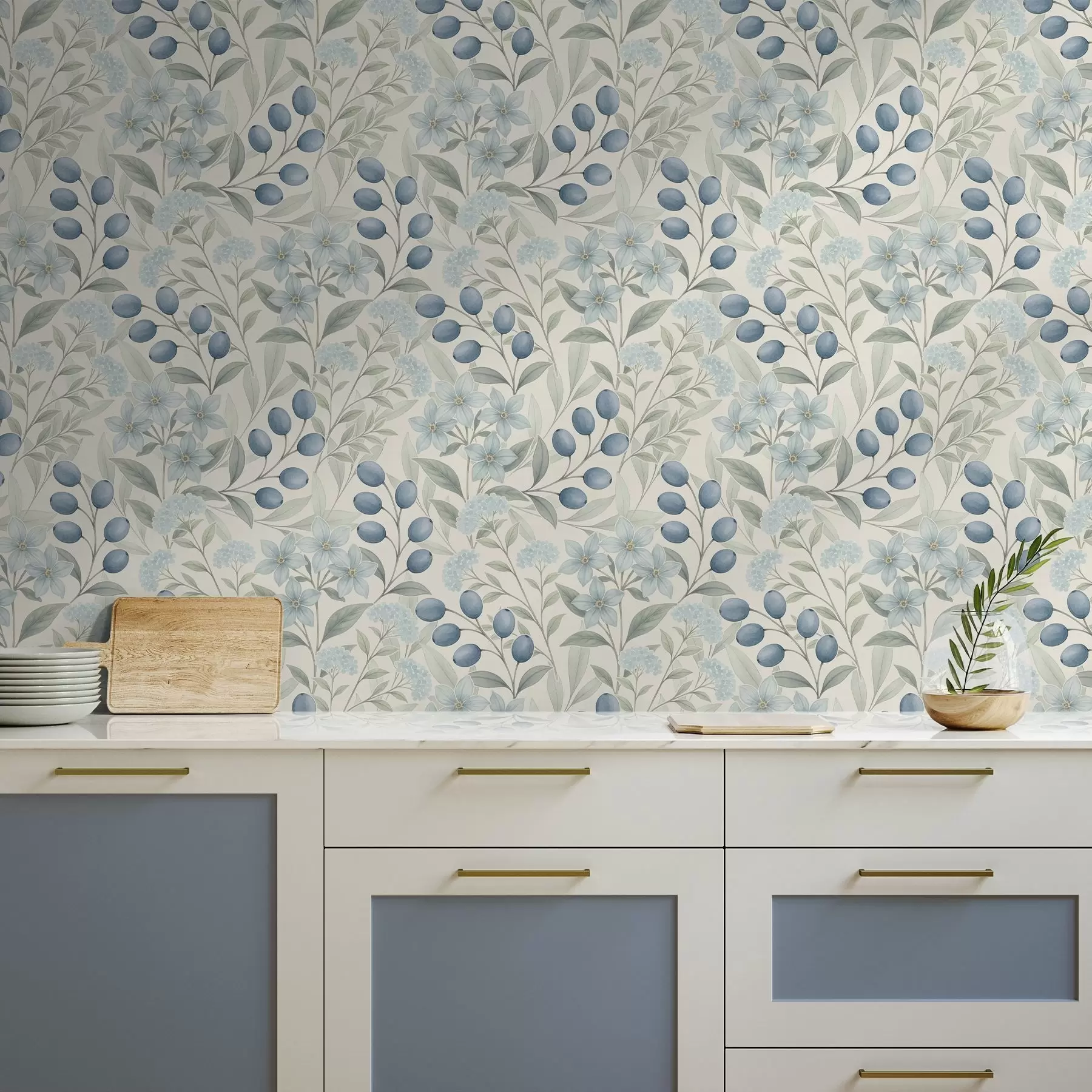 fototapet Boabe albastre și flori deschise pe fond de fildeș a00872