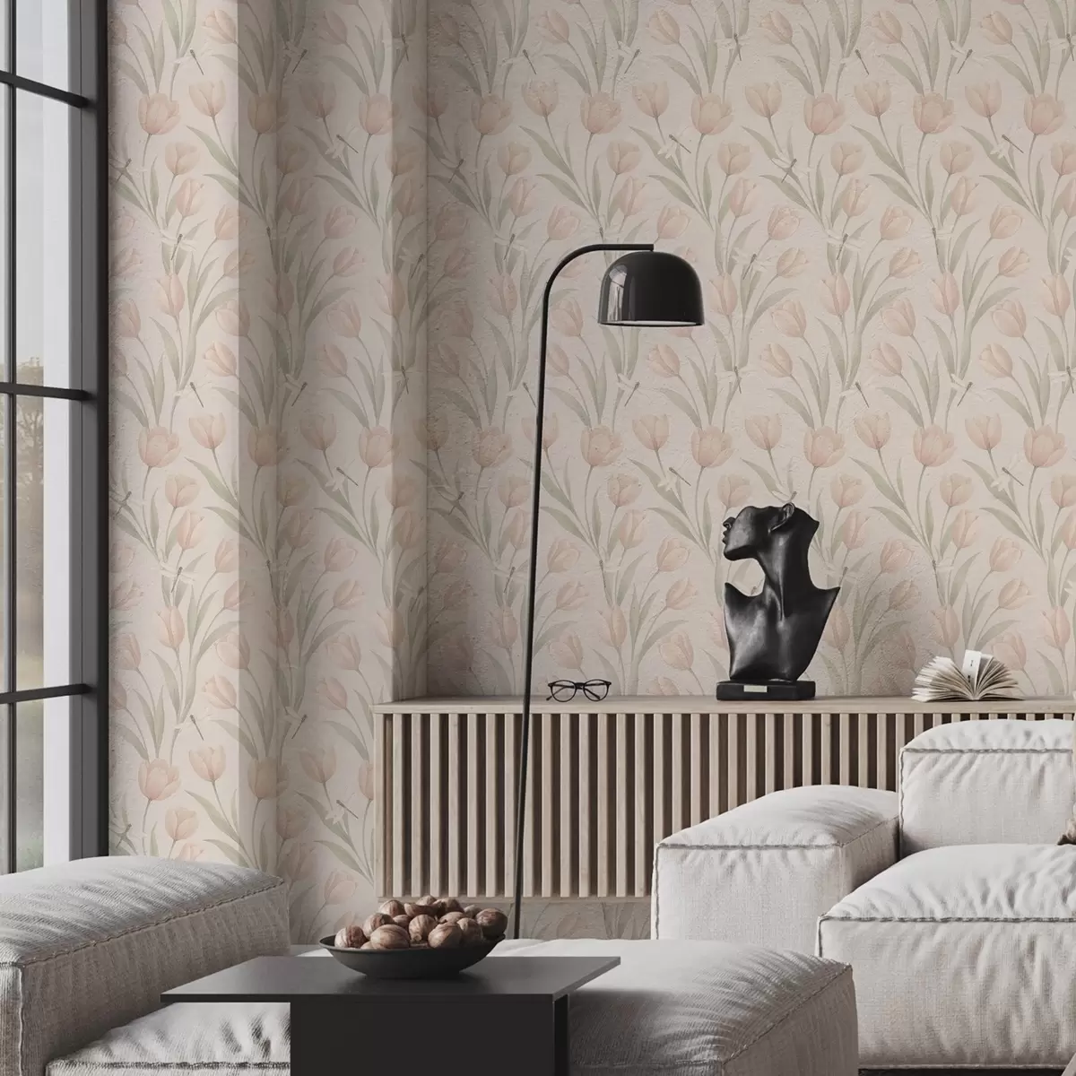 Wallpaper Lalele pastelate cu libelule pe fond roz a00876