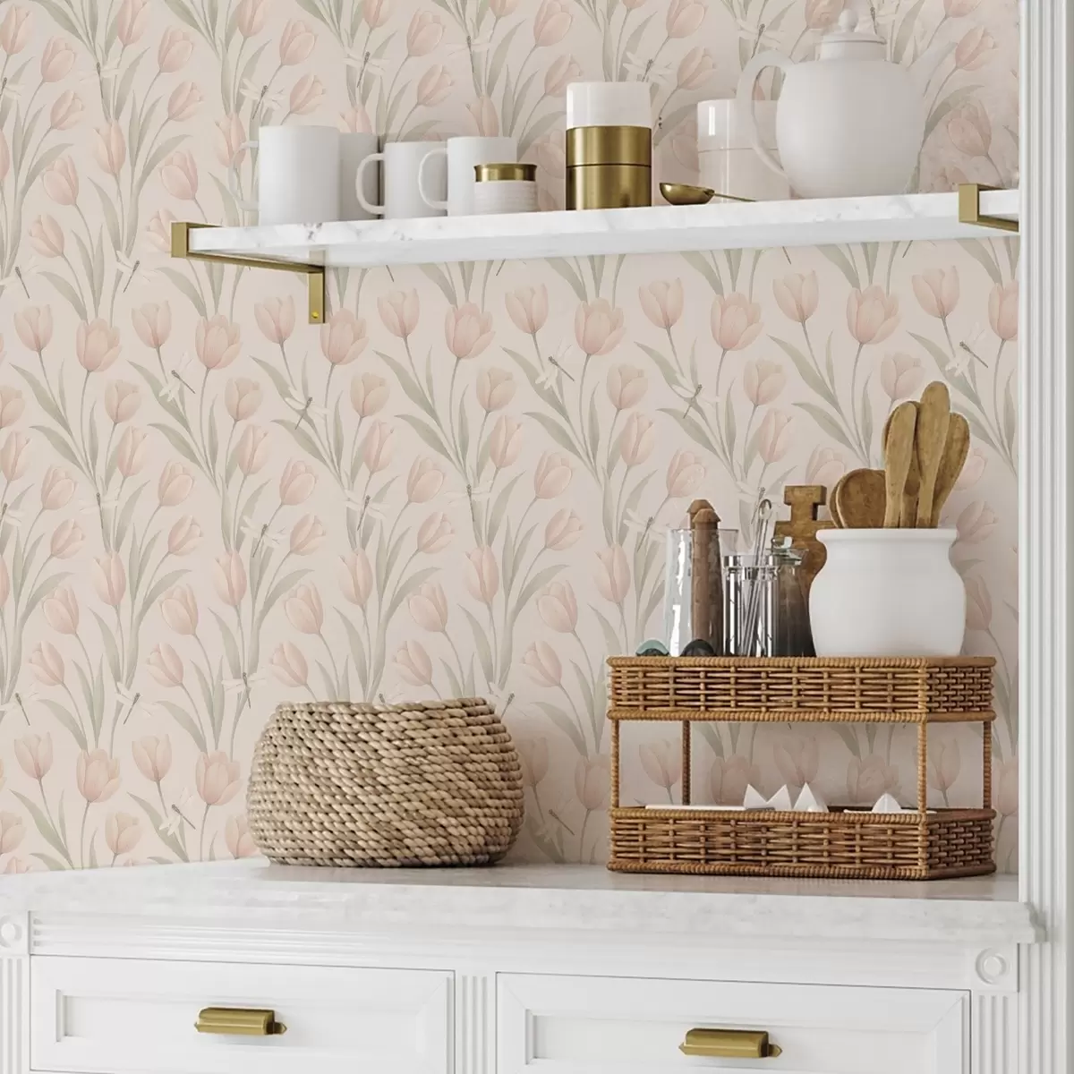 Wallpaper Lalele pastelate cu libelule pe fond roz a00876