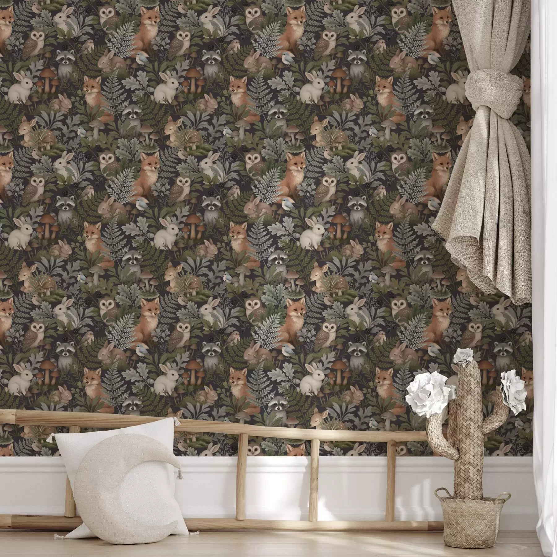 fototapet Animale din pădure și ferigi pe cărbune intens a00880