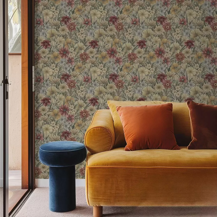 fototapet Pajiște vintage înflorită în nuanțe calde de galben, roșu și salvie a00906