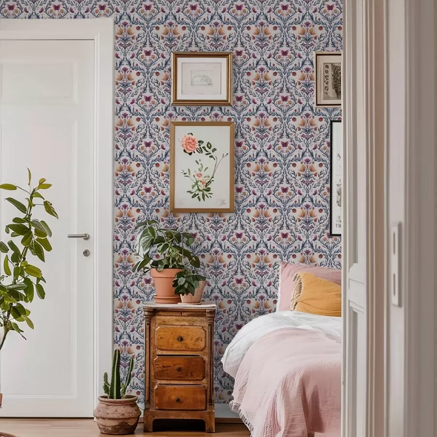 fototapet Damasc floral cu fluturi în albastru închis și teracotă pe fond alb a00926v1