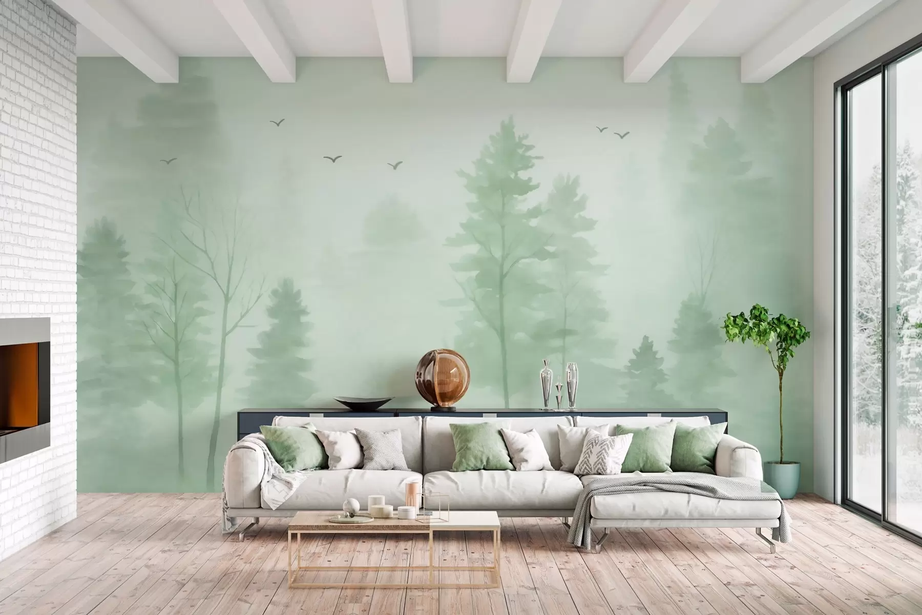 fototapet pădure aeriană în stil acuarelă, în tonuri de verde w04872v1