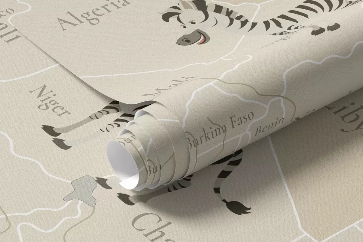 fototapet Harta lumii pentru copii cu animale, avioane și baloane cu aer cald. Limba engleză. Culoare bej. c00003en