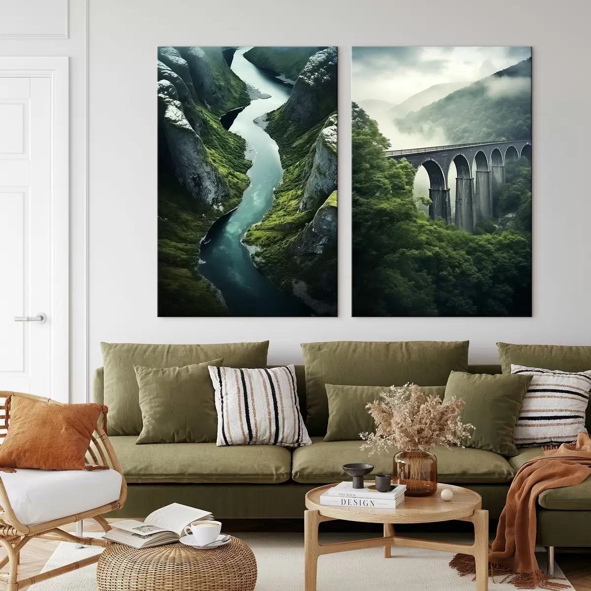 Tablouri Canionul râului aerian și viaductul învăluit în ceață, înconjurat de dealuri verzi m00967