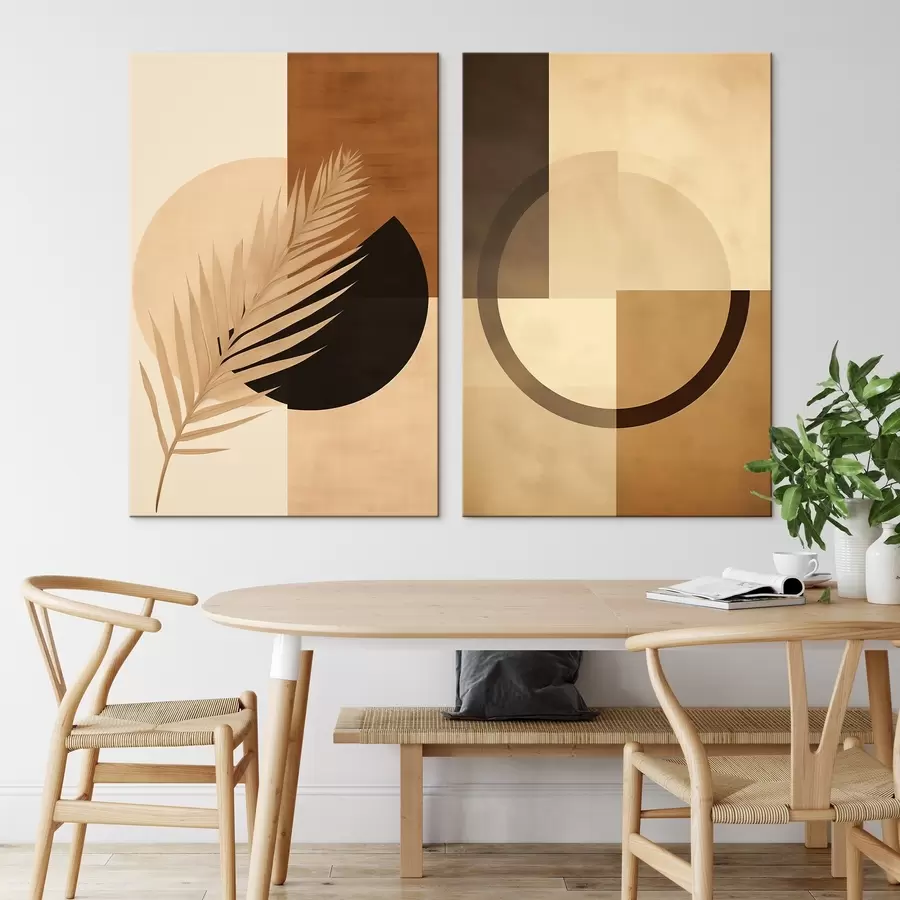 Tablouri Geometrie în teracotă și bej cu motiv de frunze de palmier m00968