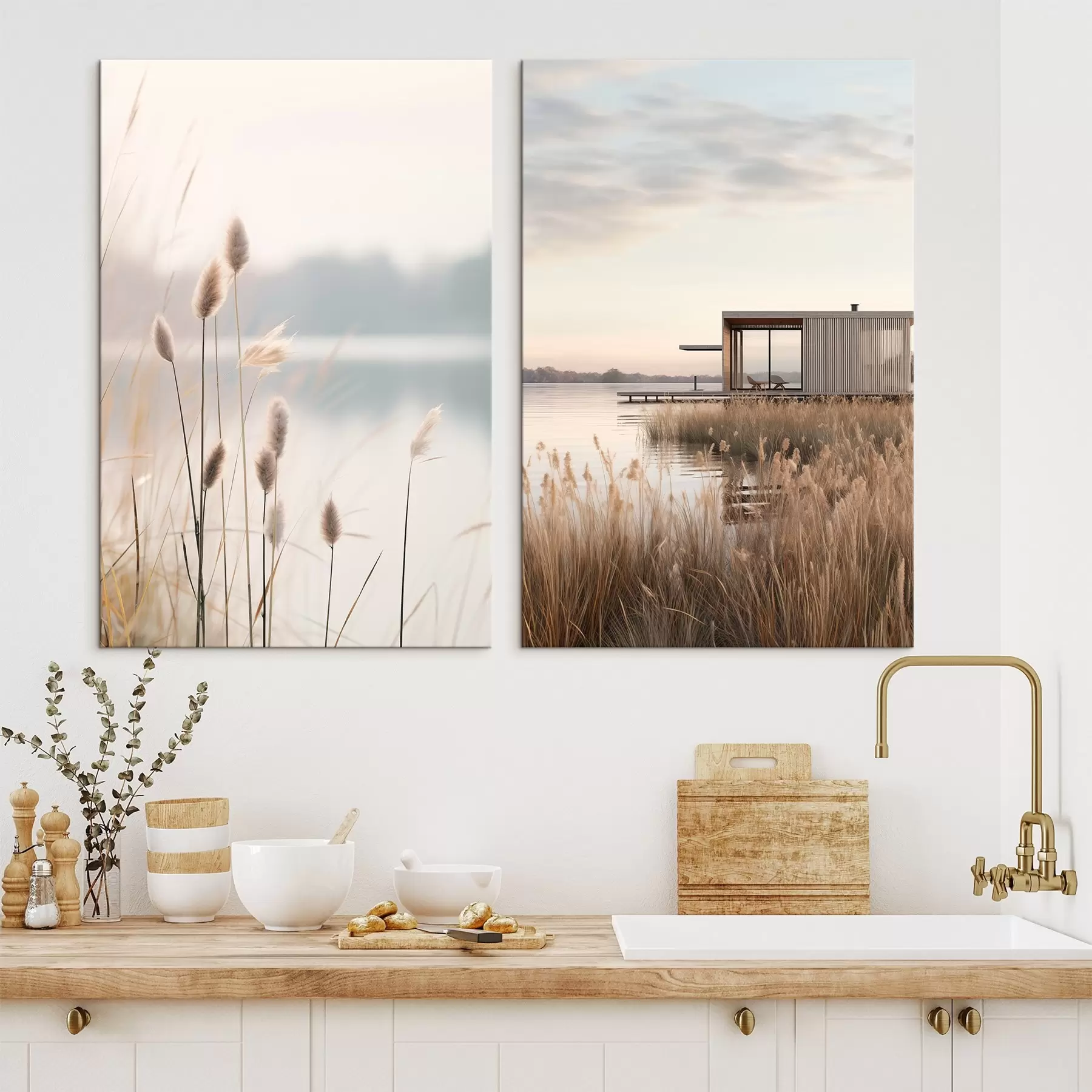 Tablouri Stufărișuri moi lângă un lac liniștit și o cabană modernă pe mal m00970