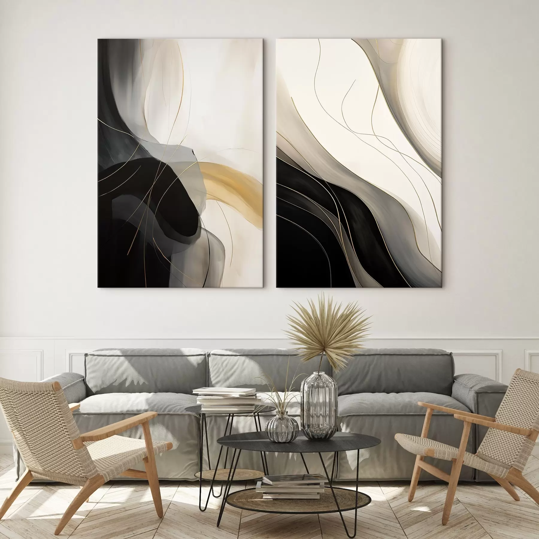 Tablouri Curbe monocrome cu filamente metalice fine m00972