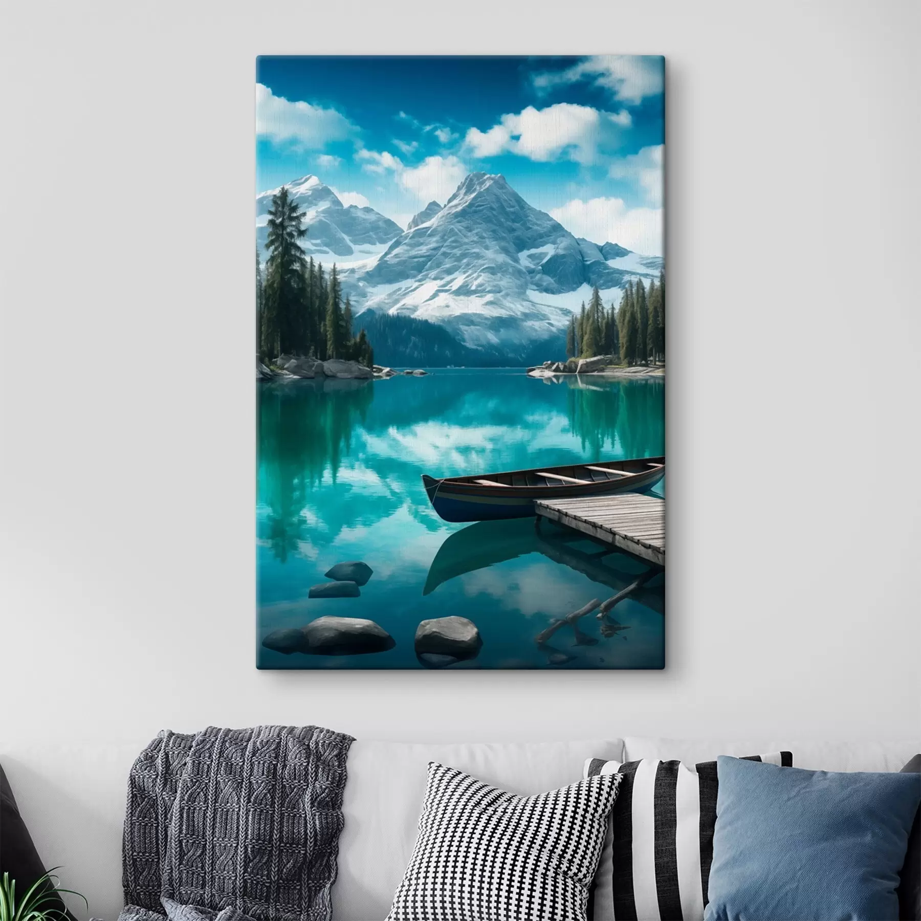 Tablouri Lac alpin cu canoe și vârfuri înzăpezite s46481