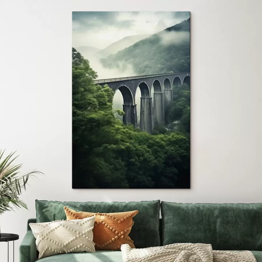 Tablouri Viaduct din piatră deasupra văii împădurite și încețoșate s46483