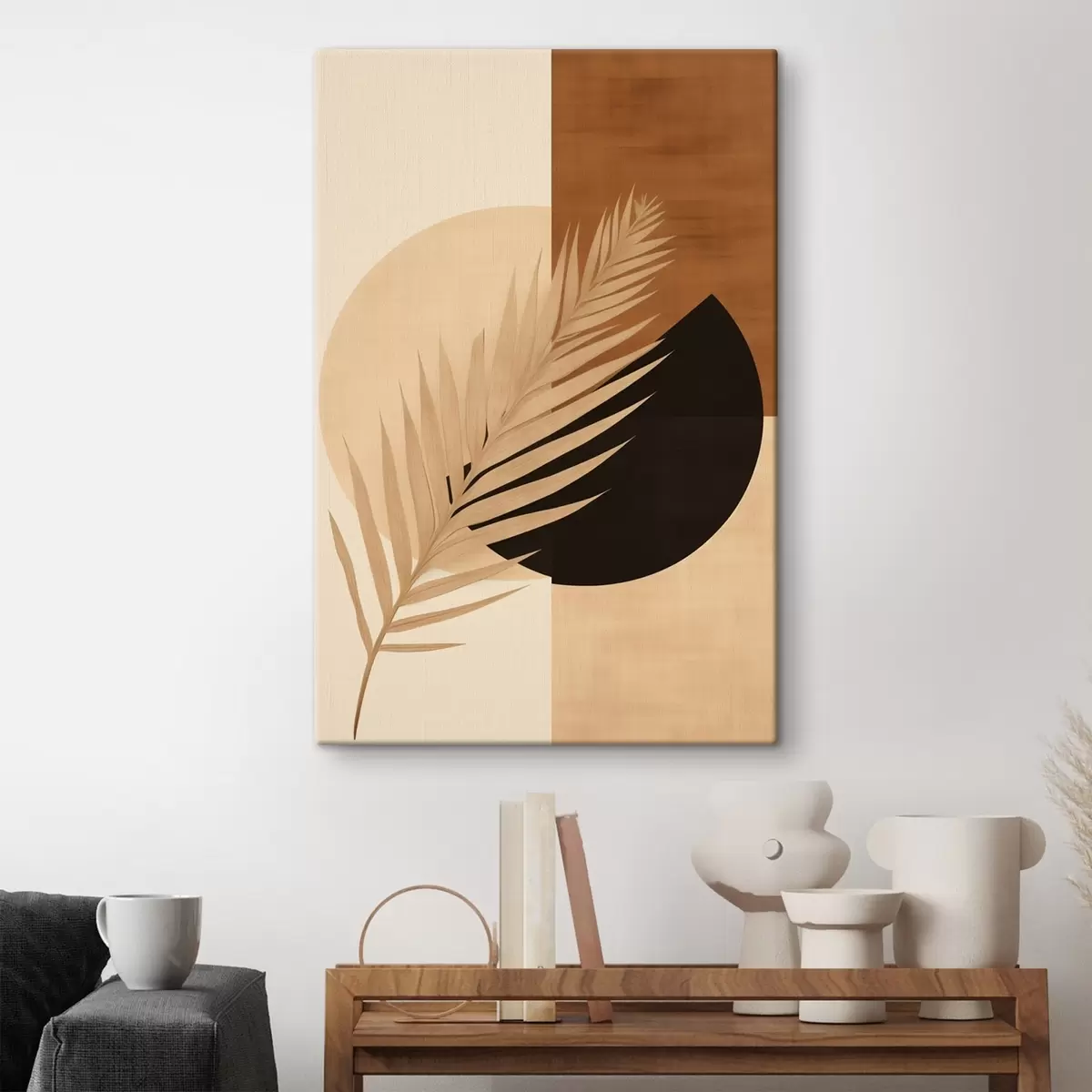 Tablouri Frunză de palmier peste geometrie teracotă și crem s46490