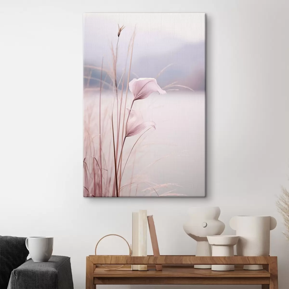 Tablouri Flori delicate de culoare roz lângă malul liniștit al lacului s46503