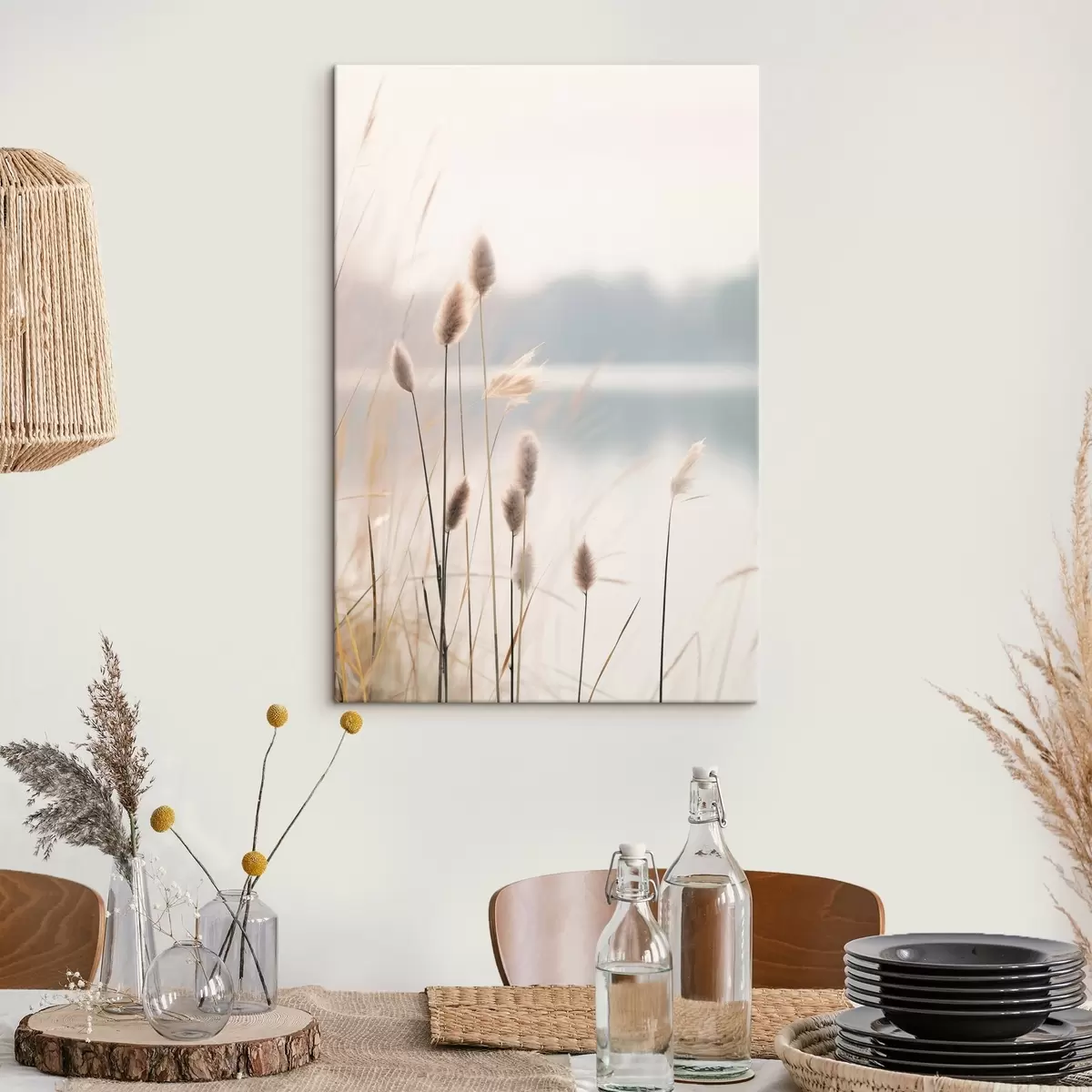 Tablouri Stuf moale pe malul unui lac încețoșat, tonuri pastelate de bej s46504