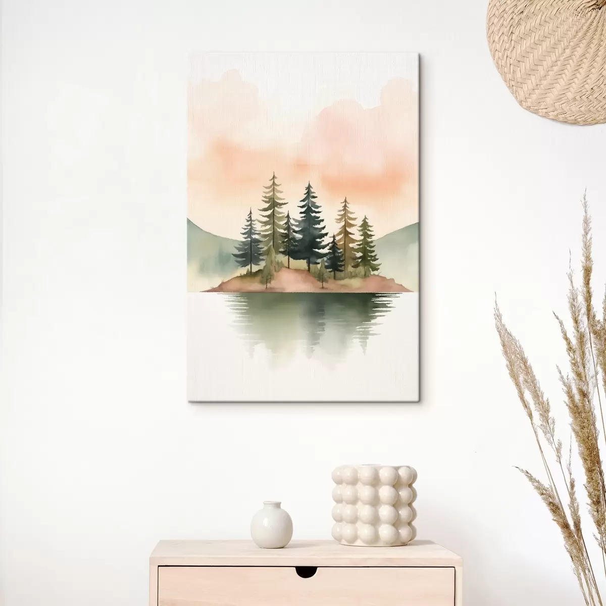 Tablouri Pini acuarelați pe o insuliță încețoșată, cerul de culoarea piersicii s46505