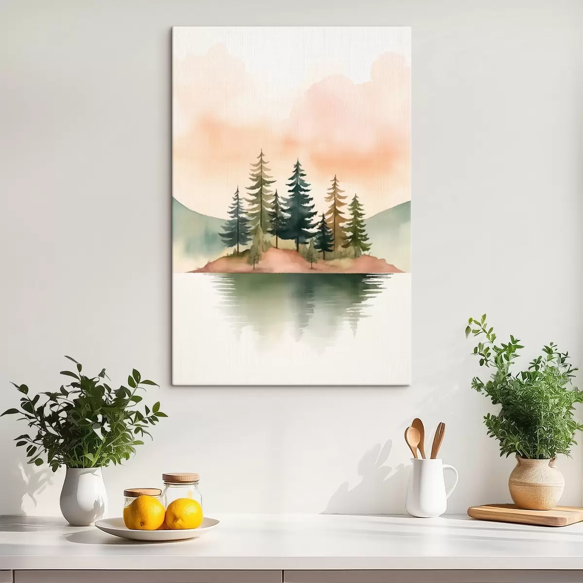 Tablouri Pini acuarelați pe o insuliță încețoșată, cerul de culoarea piersicii s46505