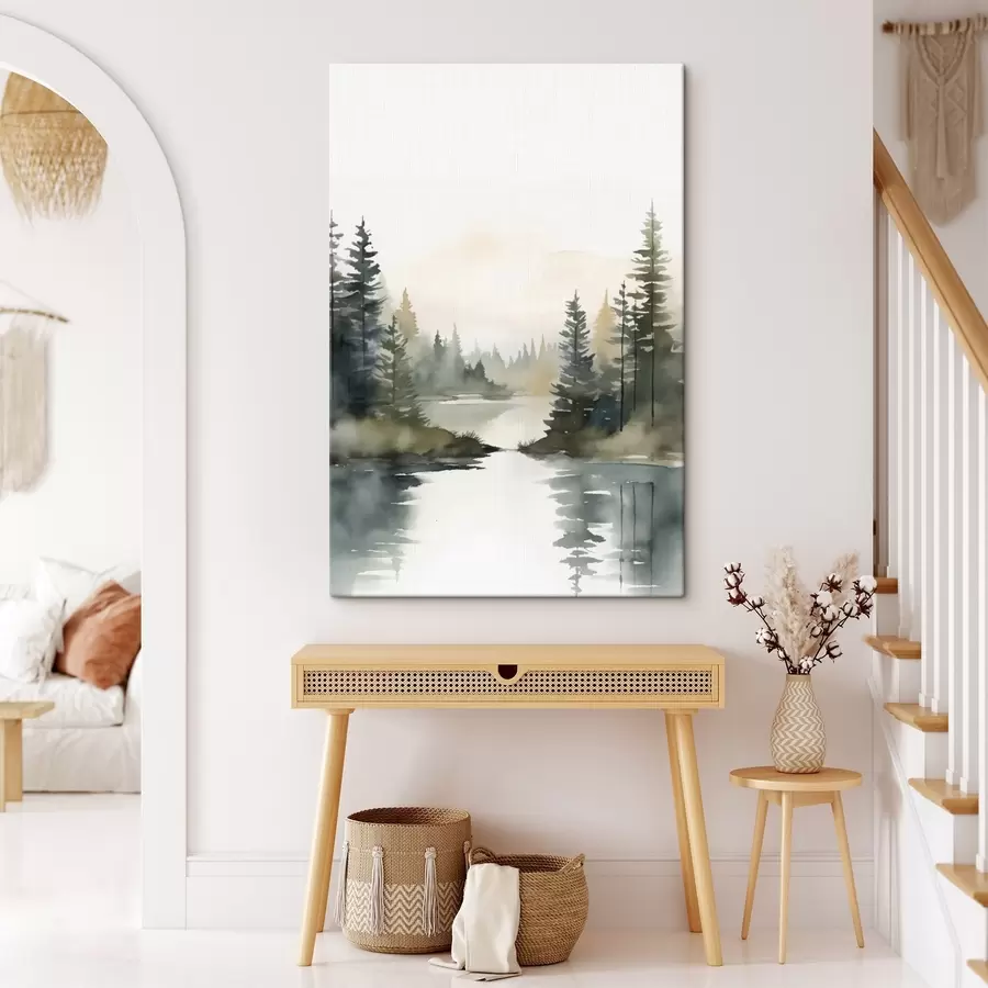 Tablouri Pădure de conifere ceață peste râul calm, stil acuarelă s46507