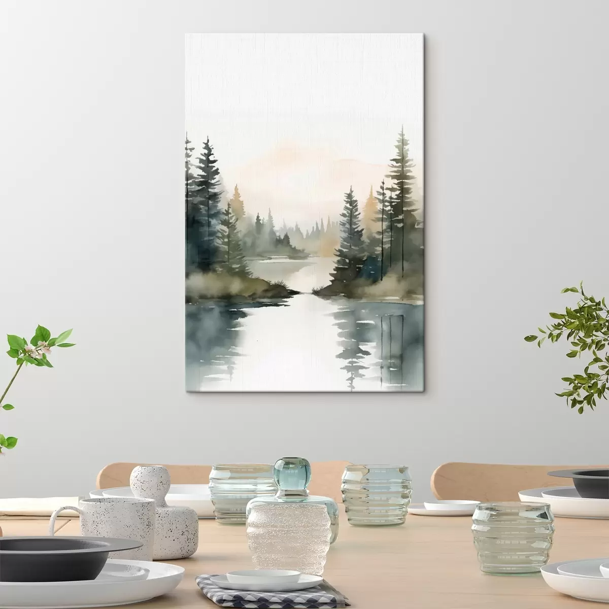 Tablouri Pădure de conifere ceață peste râul calm, stil acuarelă s46507