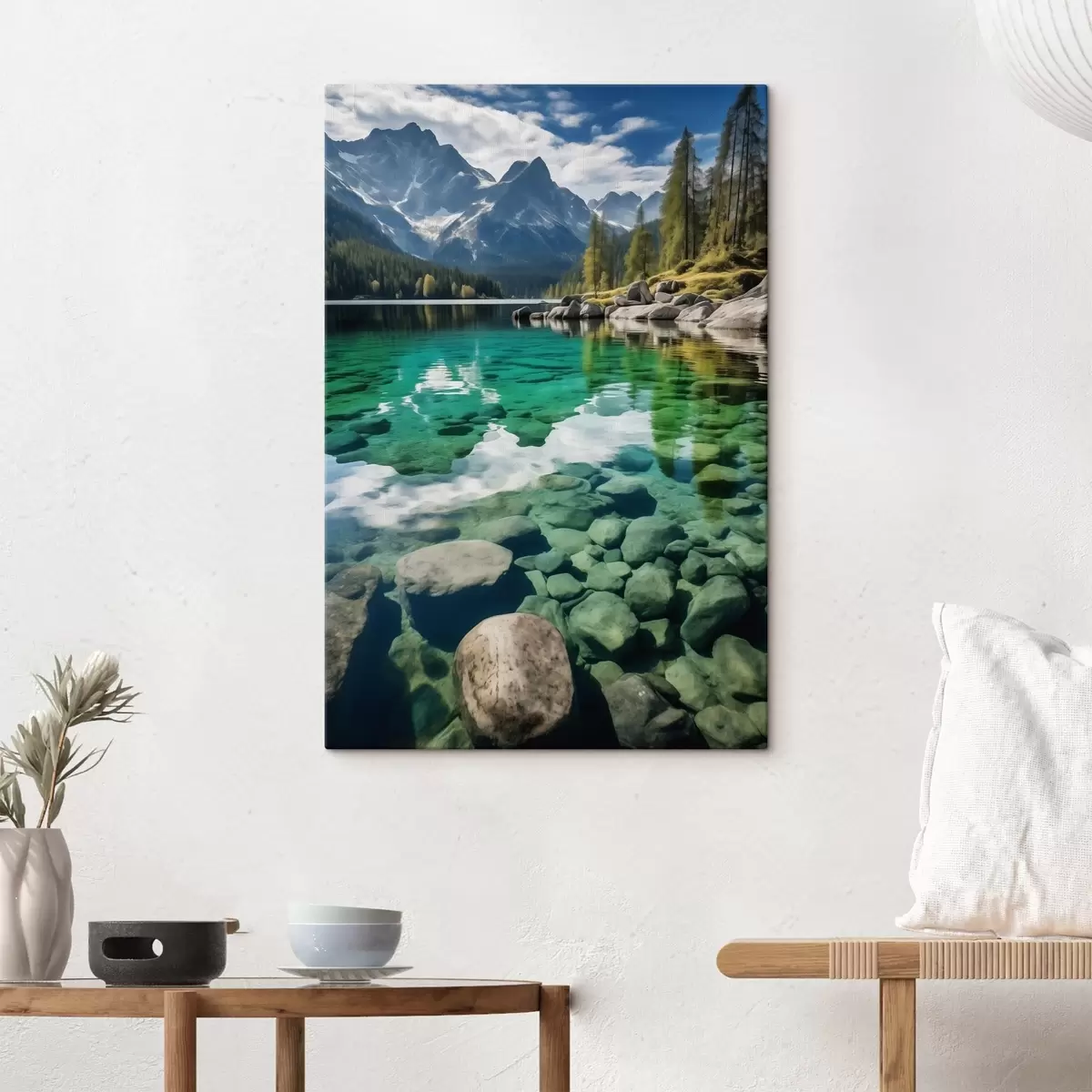 Tablouri Lac alpin de smarald cu stânci sub el și vârfuri înalte s46515