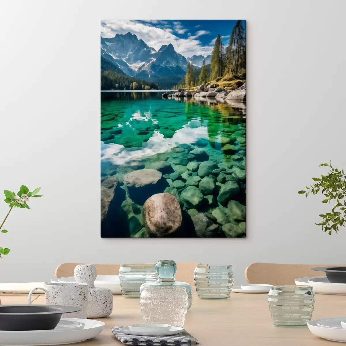 Tablouri Lac alpin de smarald cu stânci sub el și vârfuri înalte s46515