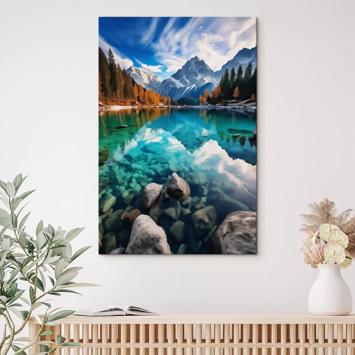 Tablouri Lac de munte cu apă turcoaz și larici de toamnă s46517