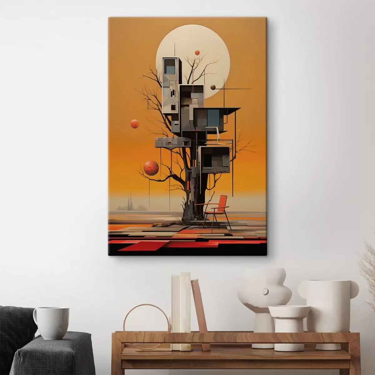 Tablouri Casă în copac suprarealistă pe un fundal portocaliu s46526