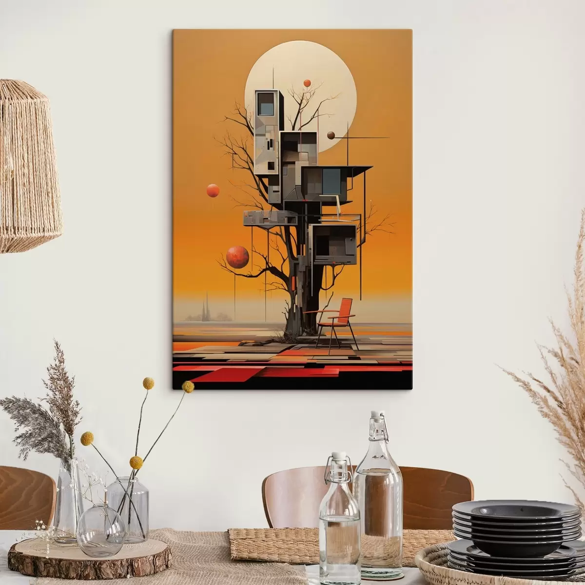 Tablouri Casă în copac suprarealistă pe un fundal portocaliu s46526