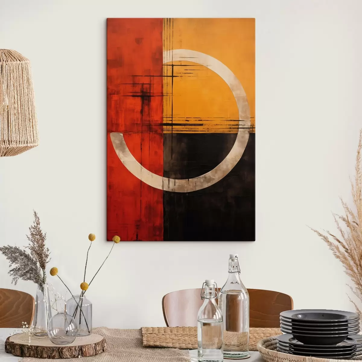 Tablouri Cerc abstract pe fundal roșu-negru cu linii s46535