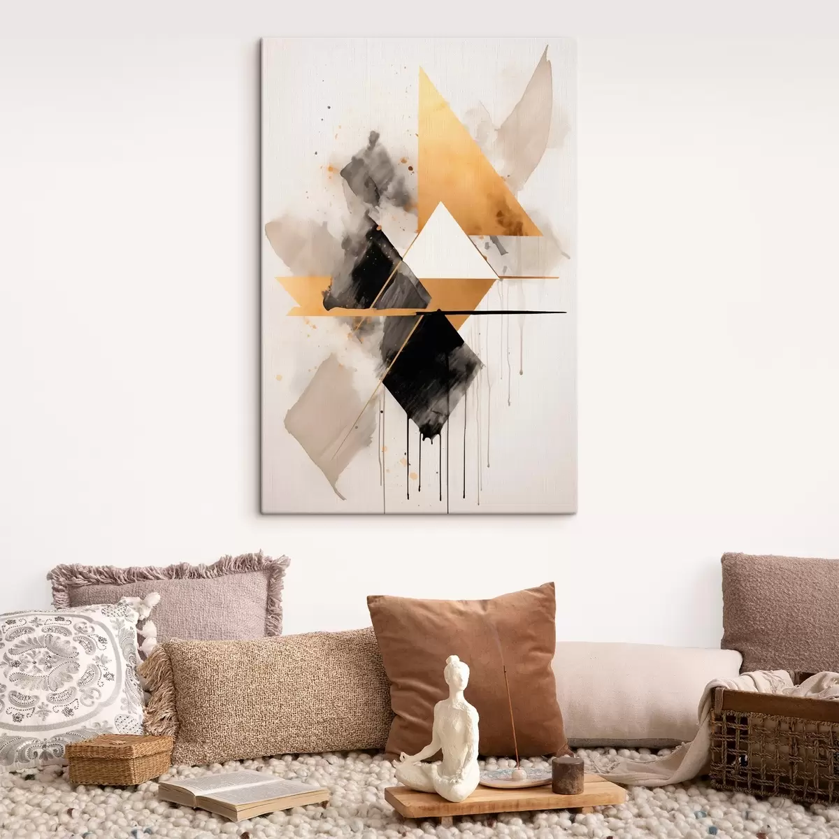 Tablouri Geometrie cu triunghiuri și un romb negru, linii bej s46539
