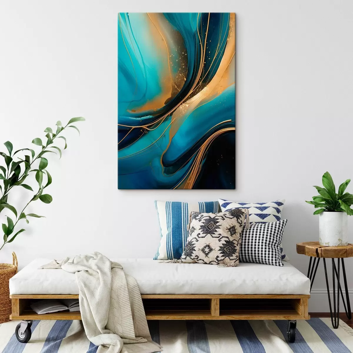 Tablouri Curgere turcoaz cu fire subțiri de ocru s46543