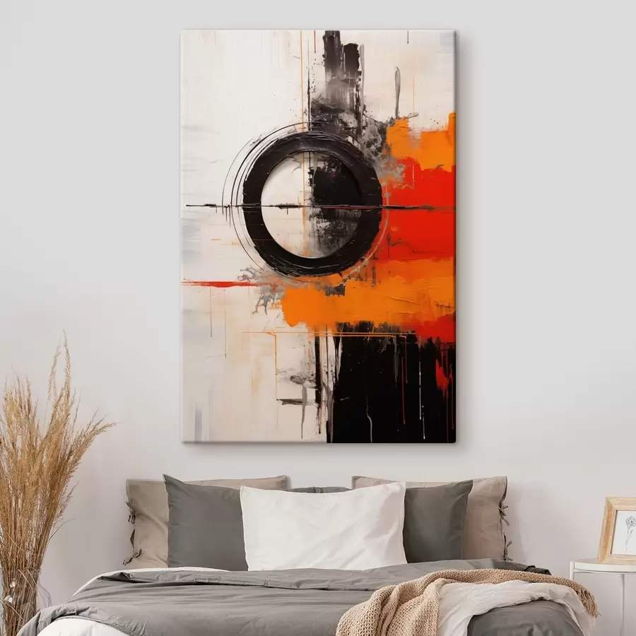 Tablouri Cerc negru pe fond alb, cu linii și pete portocalii s46549