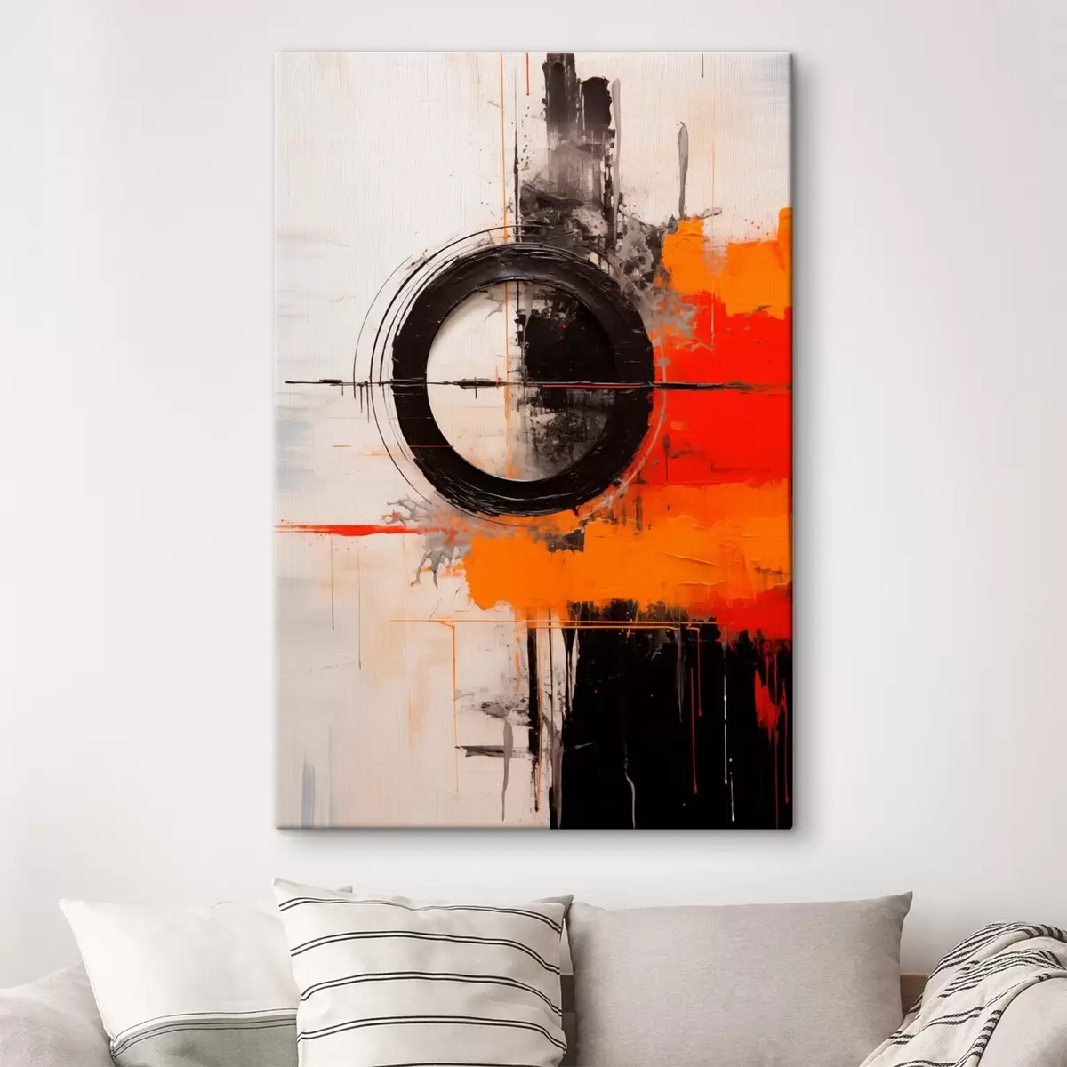 Tablouri Cerc negru pe fond alb, cu linii și pete portocalii s46549